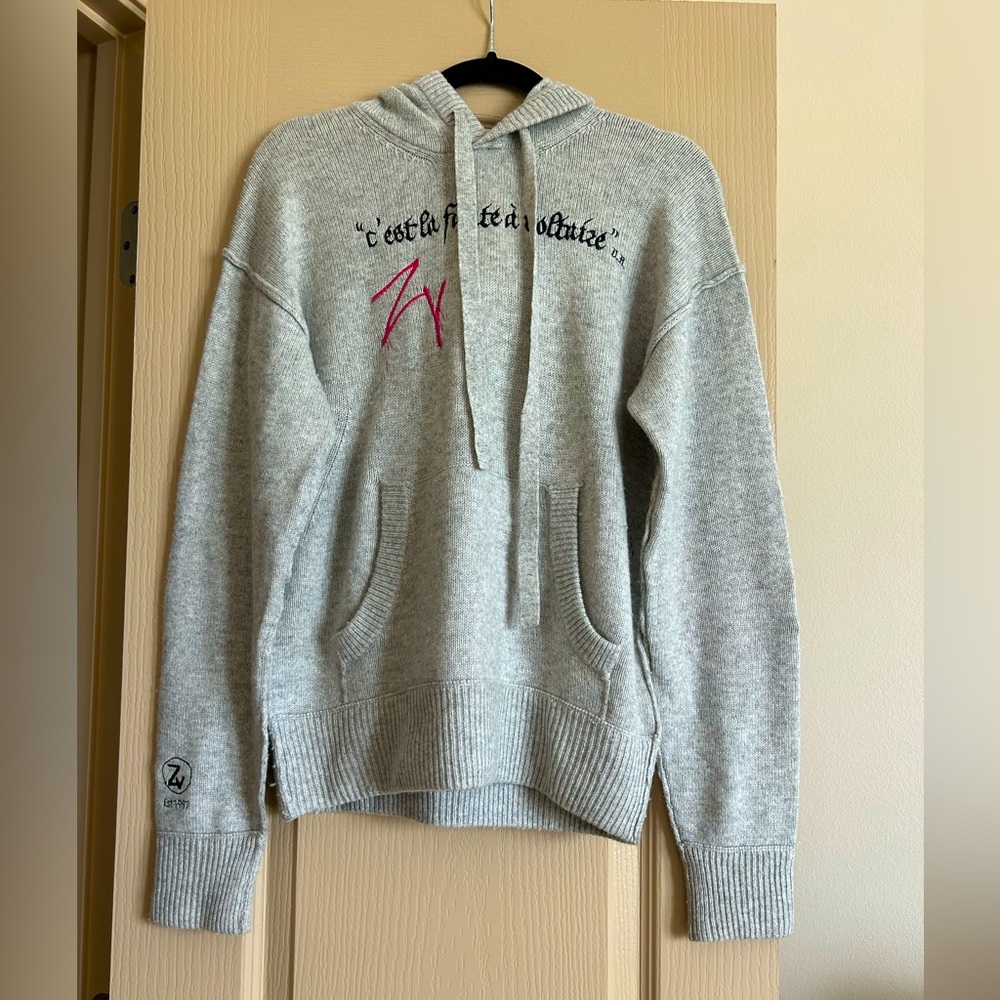 Zadig & Voltaire Light Gray Hoodie Sweater with Pink Script